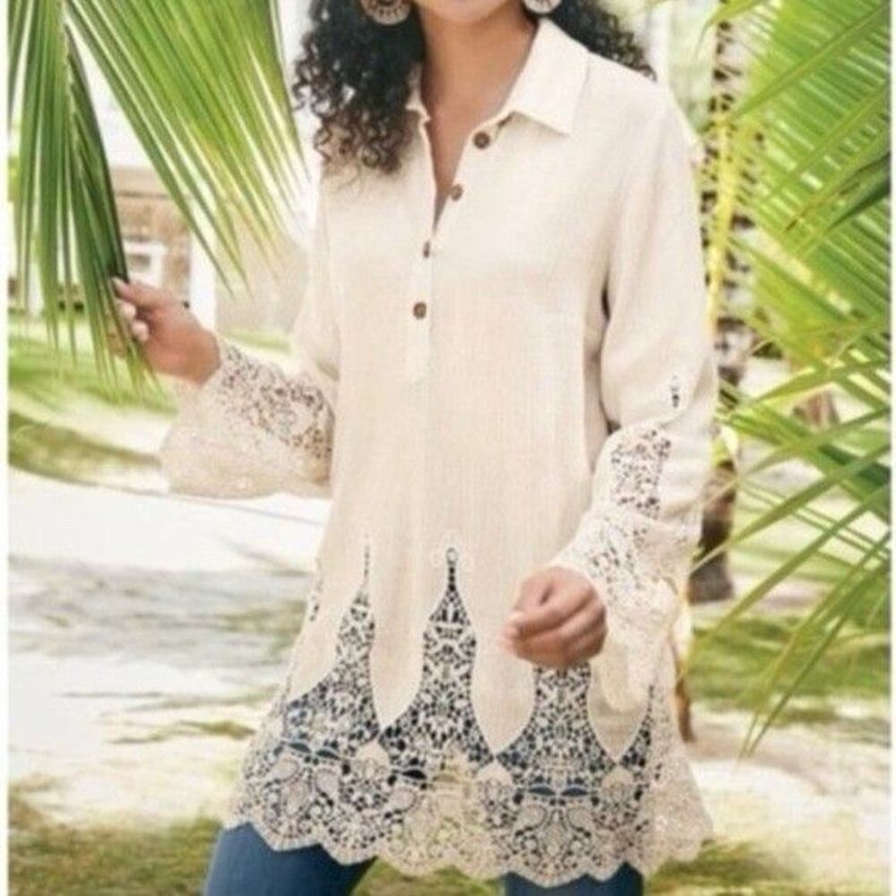 Ivory Crochet Jiada Lace Tunic Blouse Boho Hippie Festival Top Henley Collar XS